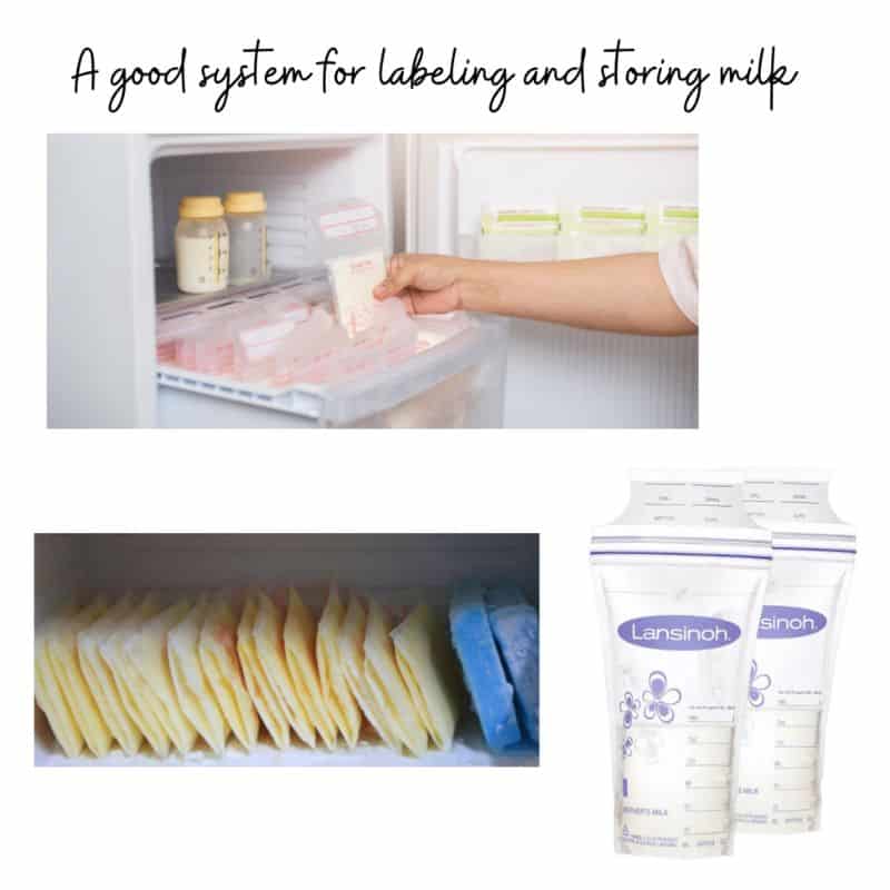 A good system for labeling and storing milk. Breastmilk in freezer. Woman putting packages of breastmilk in freezer. Two bags of breastmilk.