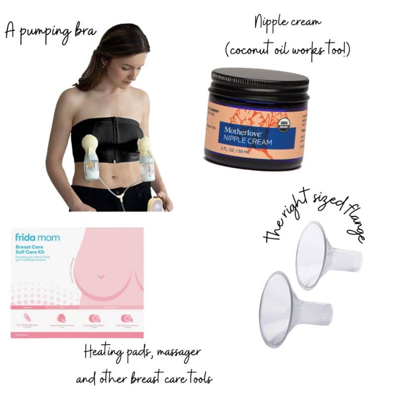 woman using a pumping bra. jar of nipple cream. Frida Mom breast care self care kit. The right sized flange.