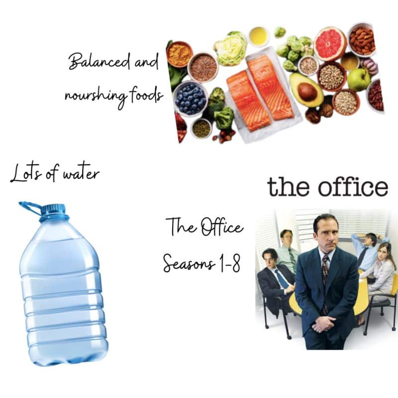 Balanced and nourishing foods - overview of foods on table, fish, fruits, seeds. Lots of water - gallon of water. The Office seasons 1-8