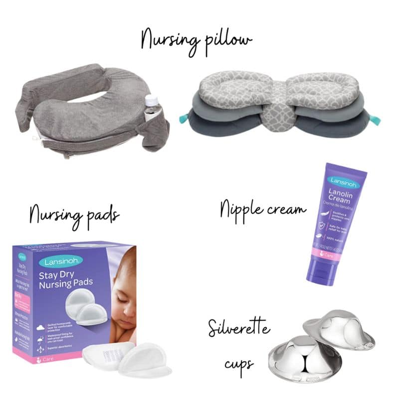 Items for nursing: nursing pillow, nipple cream, nursing pads, silverette cups